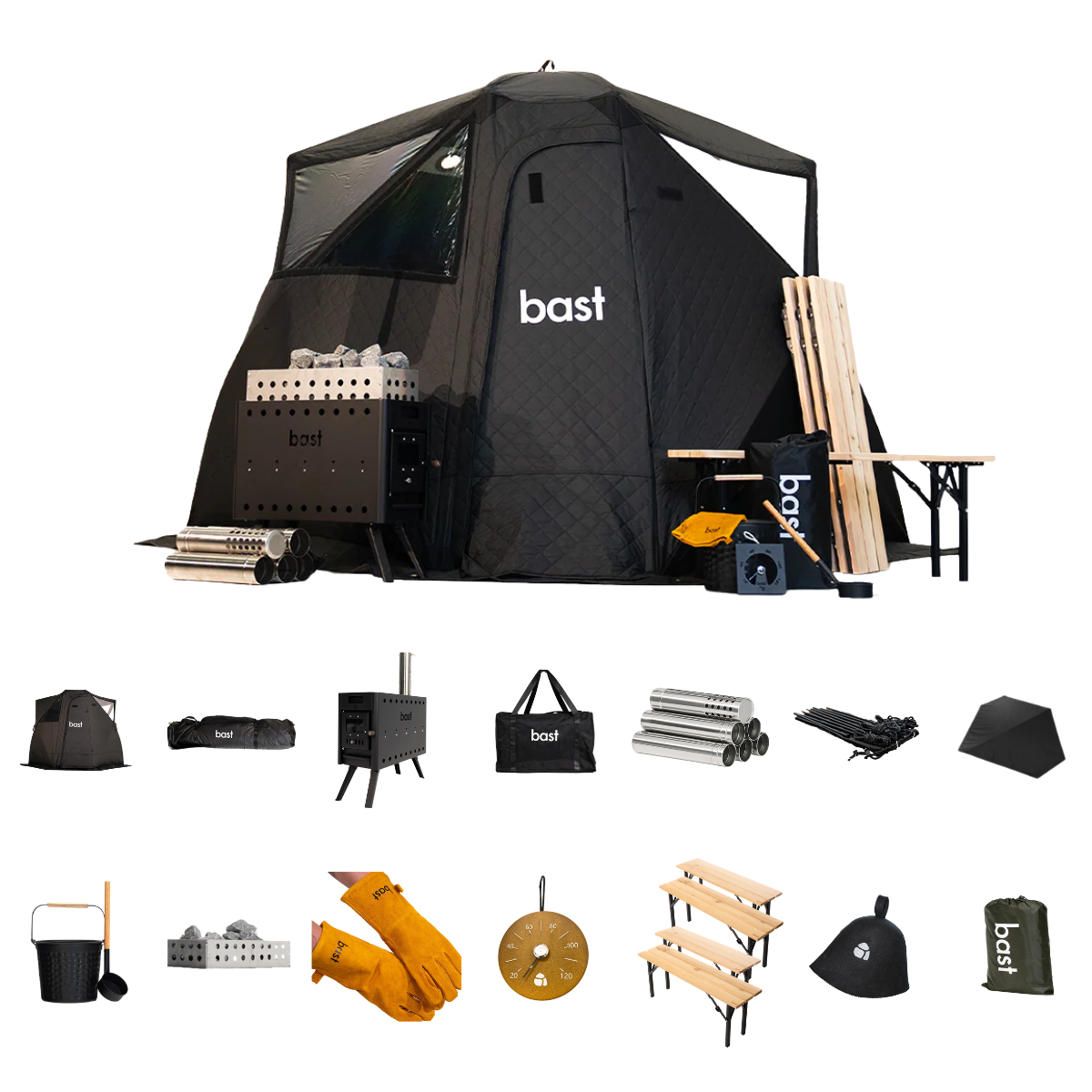Bast 4-6 people premium sauna tent kit shown on a white background, featuring a black pop-up tent with a wood-burning stove, benches, sauna bucket and ladel, sauna stone basket and stones, thermometer, sauna hat and tent protection.
