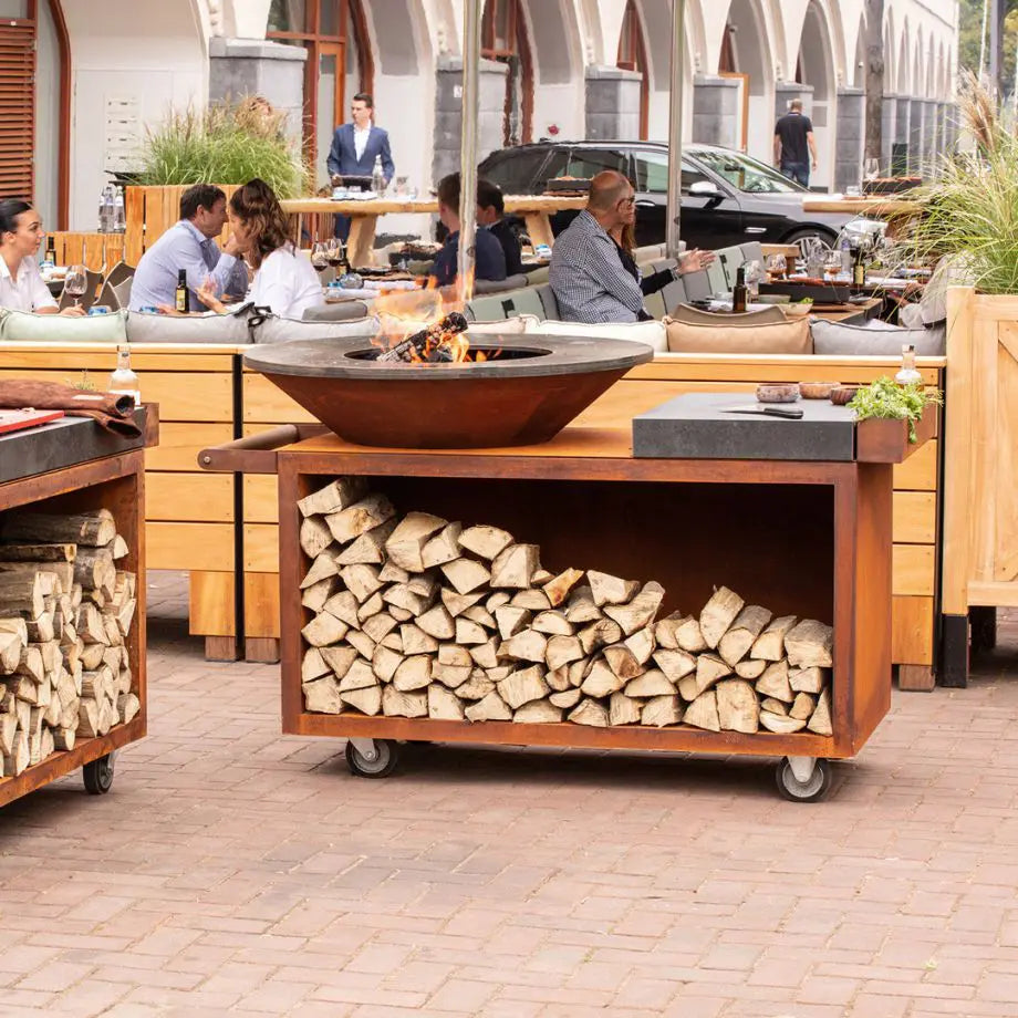 Brasero Ïlot+ Corten 100 cm PRO avec planche céramique gris foncé et rangement bois