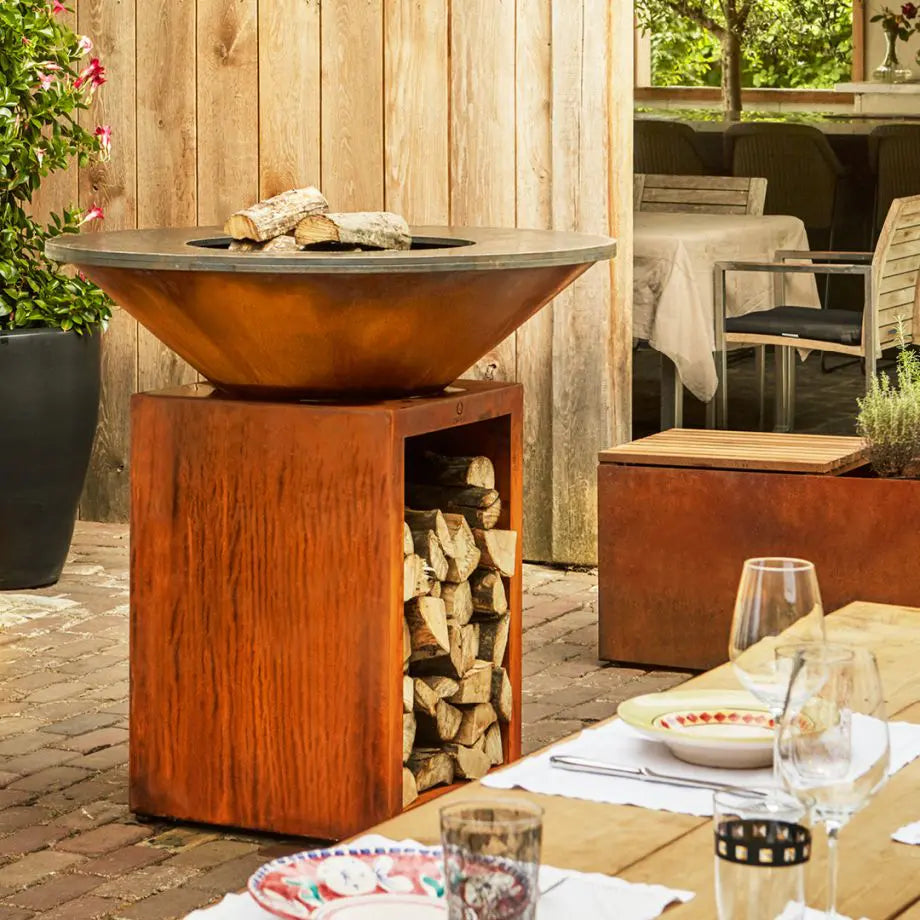 Classic corten 100 cm fire grill with wood storage
