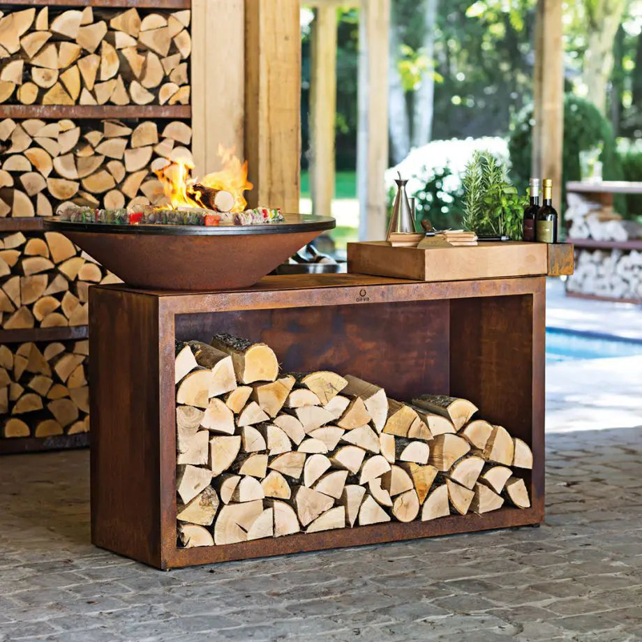 Corten 85 cm grill island with teakwood cutting board