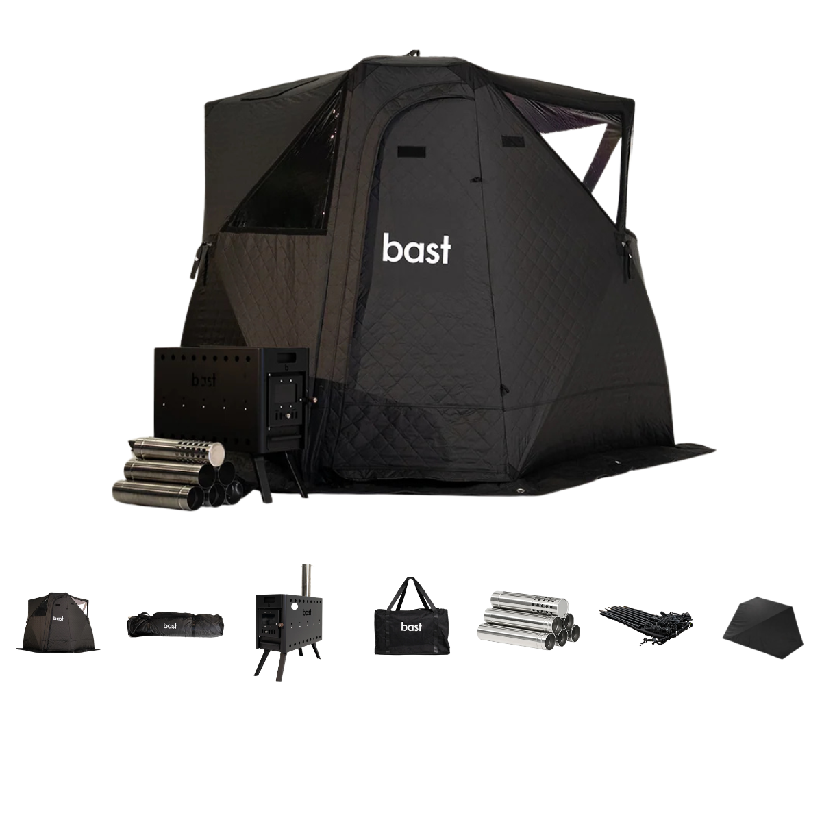 Bast 2-6 people basic sauna tent kit shown on a white background, featuring a black pop-up tent with a wood-burning stove, packing bags, pegs and ropes, and floor mat.