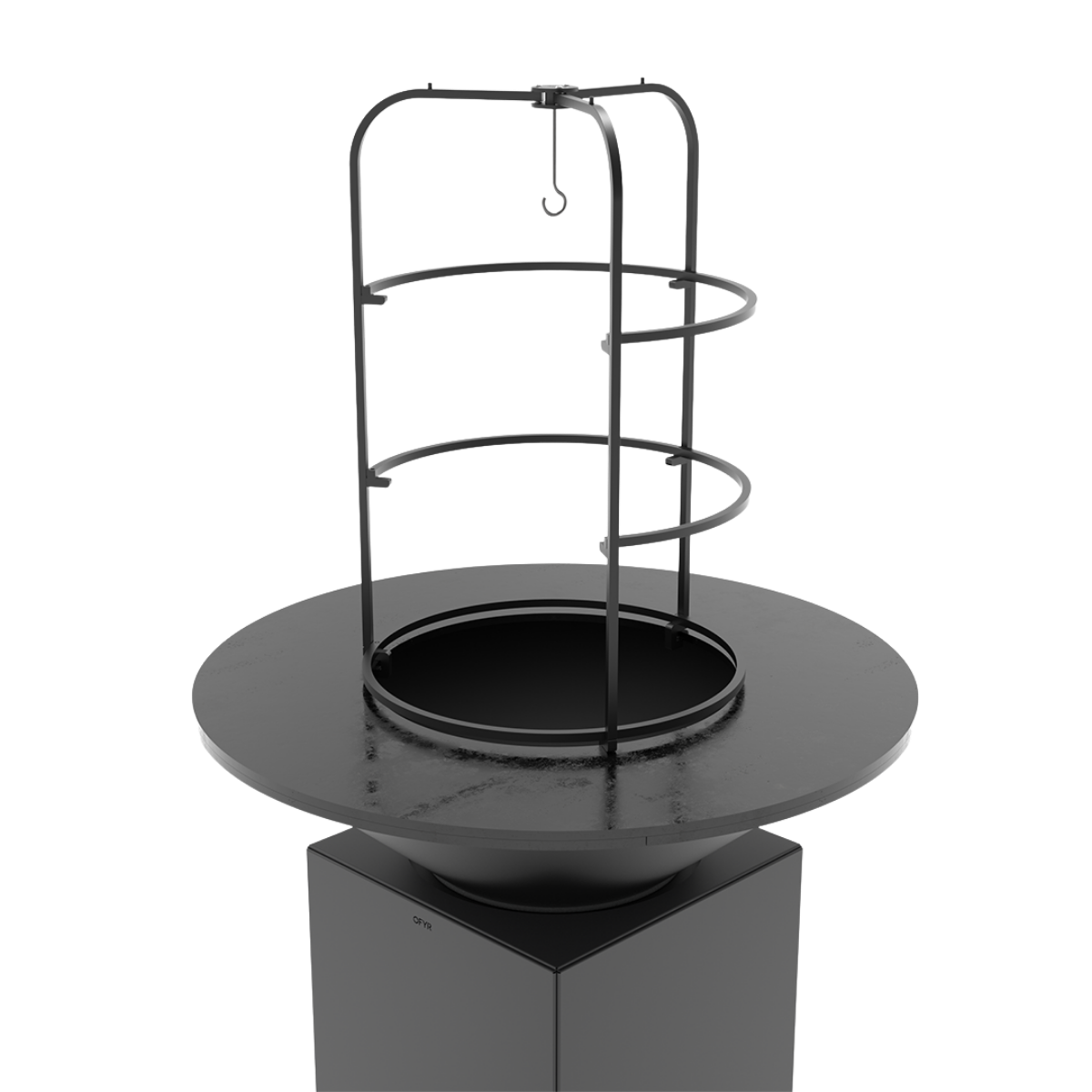 OFYR Cage 100 mounted on a black OFYR cooking unit, showing its tall frame, circular supports and hanging hook.