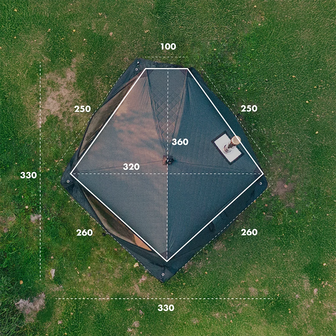 Dimenations of the Bast Björk Sauna tent  (4-10 people) with dimensions marked on a grassy background