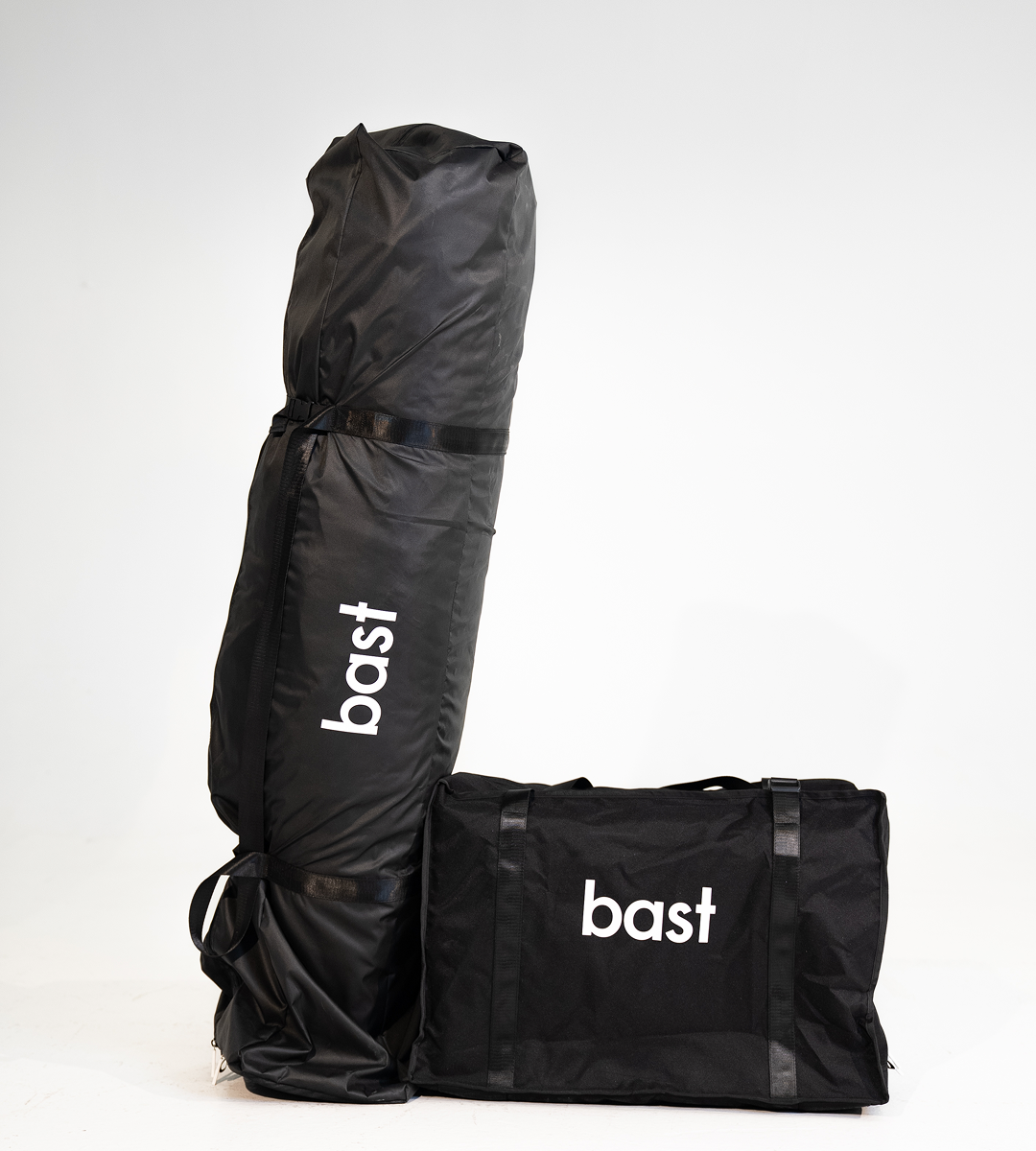 Bast sauna tent and wood-fire stove in carry bags. Estimated total weight, 