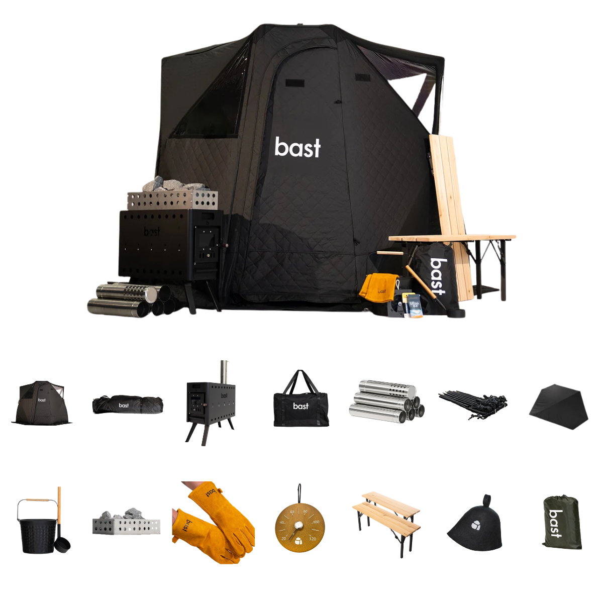 Bast 2-6 people premium sauna tent kit shown on a white background, featuring a black pop-up tent with a wood-burning stove, benches, sauna bucket and ladel, sauna stone basket and stones, thermometer, sauna hat and tent protection.